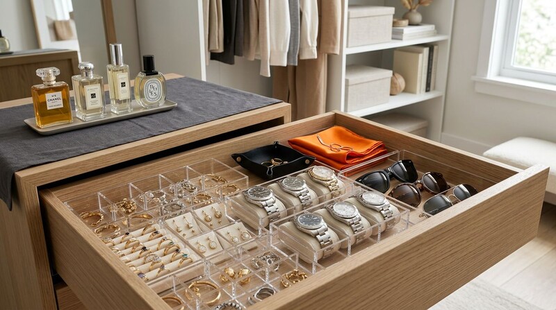 Gaveta organizada com perfumes, joias e óculos de sol