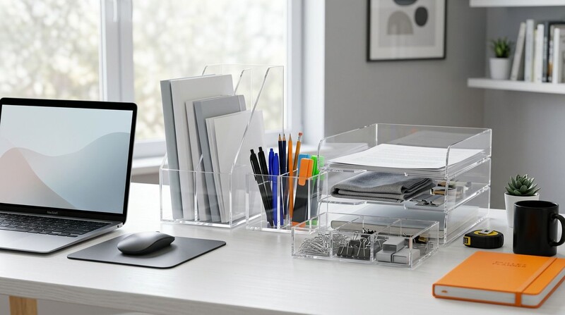 Mesa de escritório com organizadores transparentes