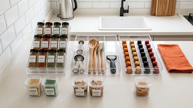 Organização de especiarias e utensílios de cozinha