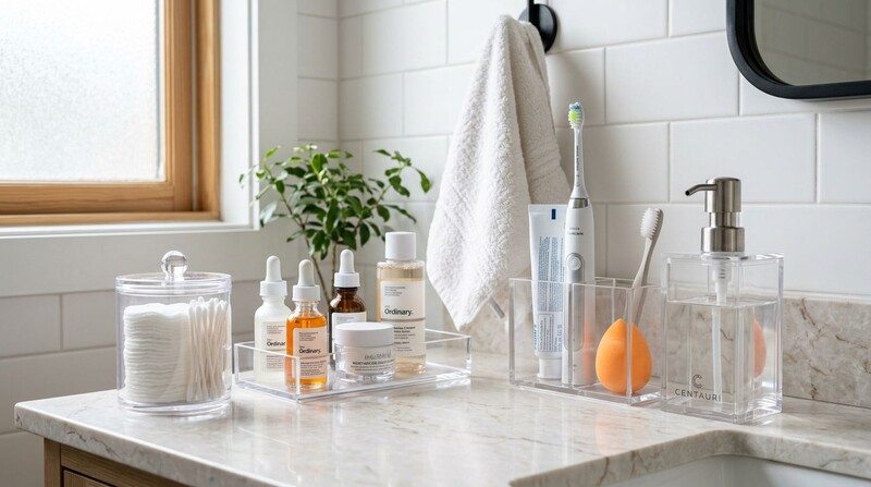 Organização de produtos de cuidados pessoais em banheiro