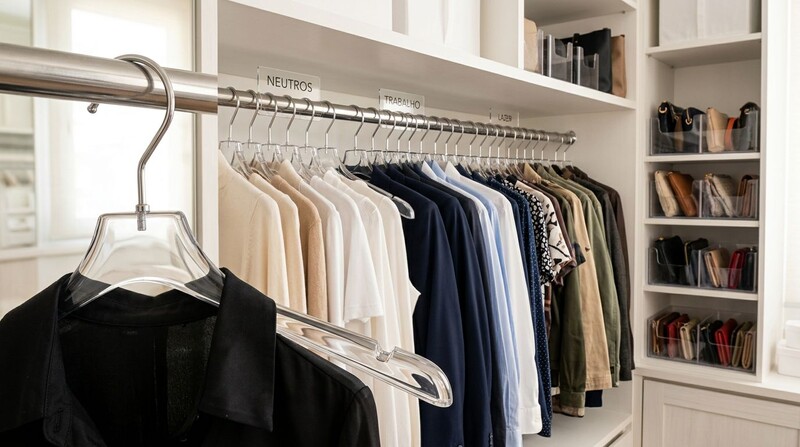 Organização de roupas em closet moderno e arrumado