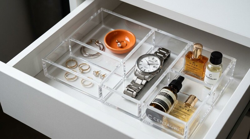 Organizador de joias com relógio e frascos de perfume.