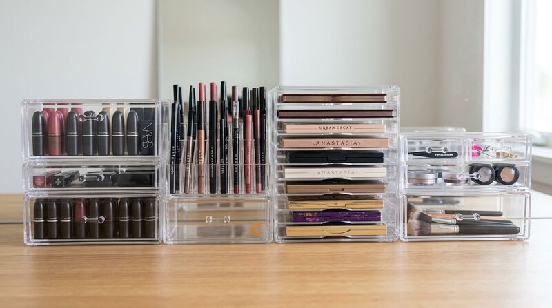 Organização de maquiagem em caixas transparentes.
