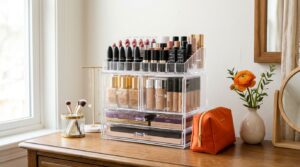 Organizador de maquiagem com batons e bases variados.
