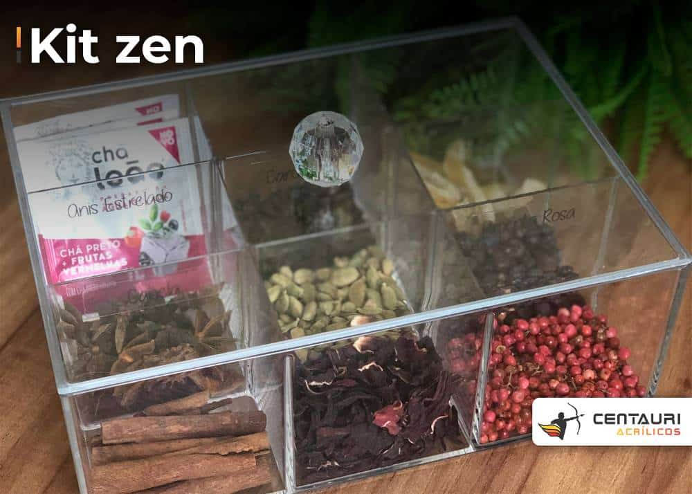 Kit zen em acrílico. com chás e algumas sementes.
