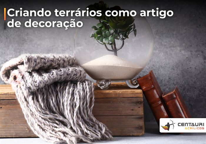 Terrário com areia branca e um bonsai dentro, servindo de decoração em uma sala
