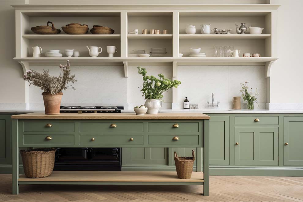 Cozinha moderna, organizada, com vasos de plantas, móveis verdes e chão de madeira. 