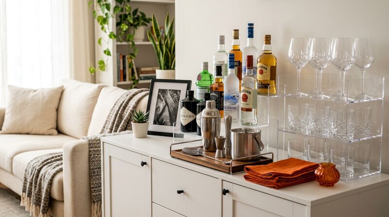 Bar em casa com garrafas de bebidas e copos