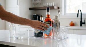 Pessoa limpando itens de bar na cozinha