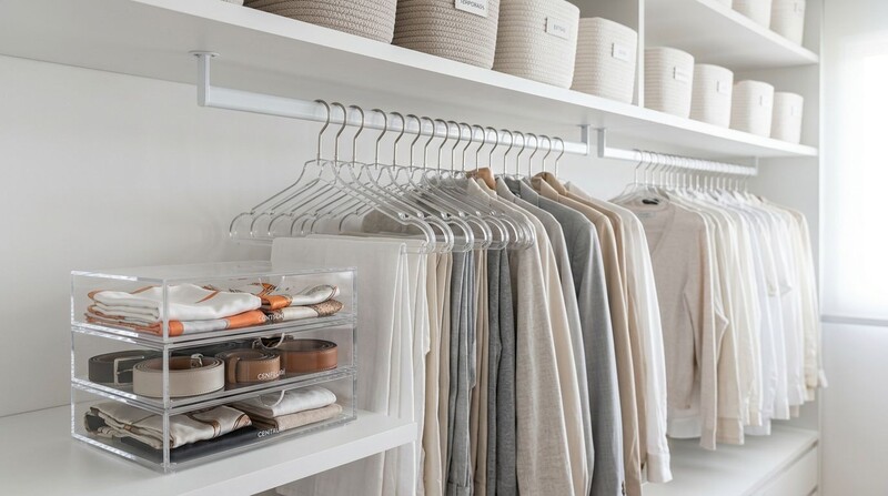 Closet organizado com roupas e acessórios neutros