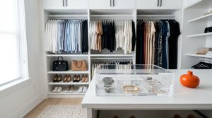 Estante organizada com roupas e acessórios elegantes