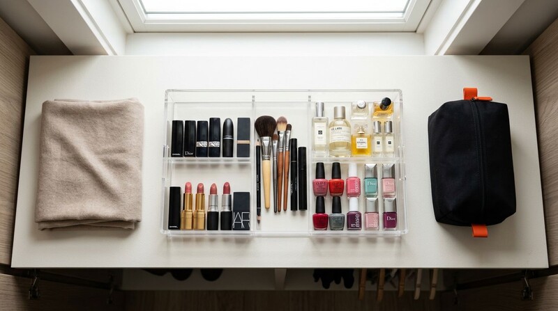 Organização de maquiagem e cosméticos em superfície clara