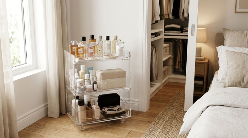 Prateleira transparente com perfumes e produtos de beleza.