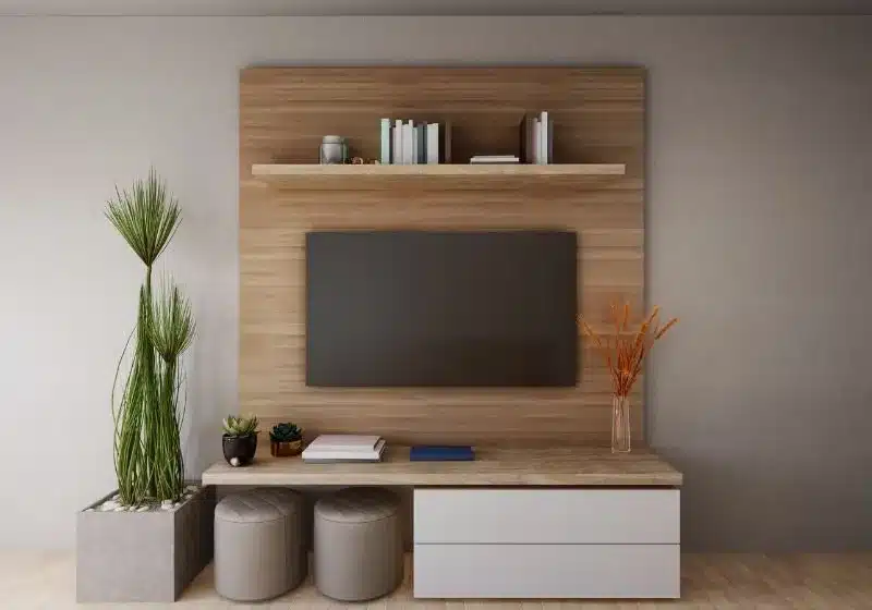 sala com tv pequena com painel tv com painel e prateleira com livros e plantas do lado