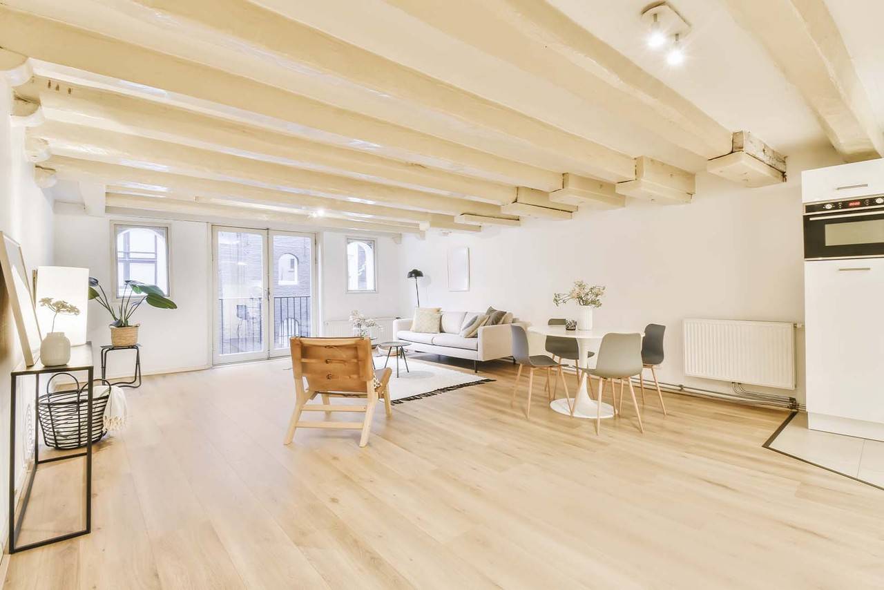 Sala de estar com um sofá, diversas cadeiras, vasos com plantas, mesa de jantar e tapete, durante o dia.