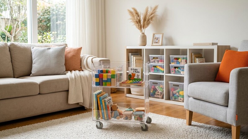 Carrinho de brinquedos em sala de estar aconchegante