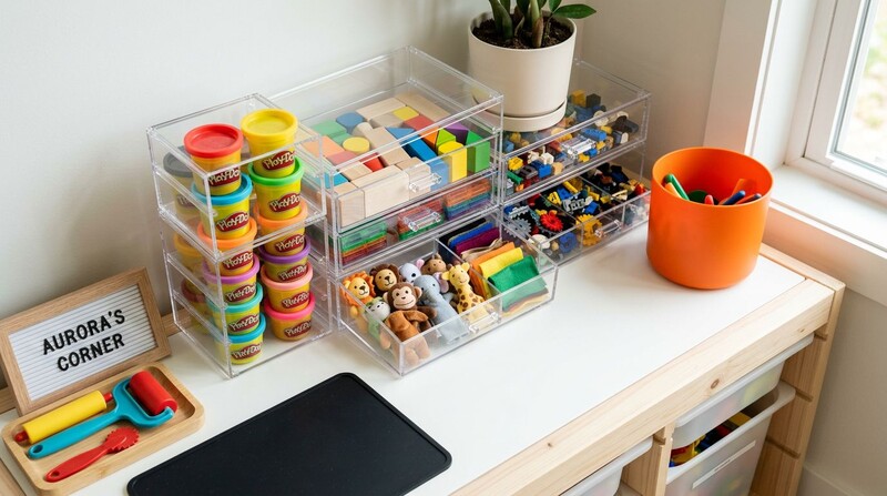 Mesa organizada com brinquedos e materiais de arte.