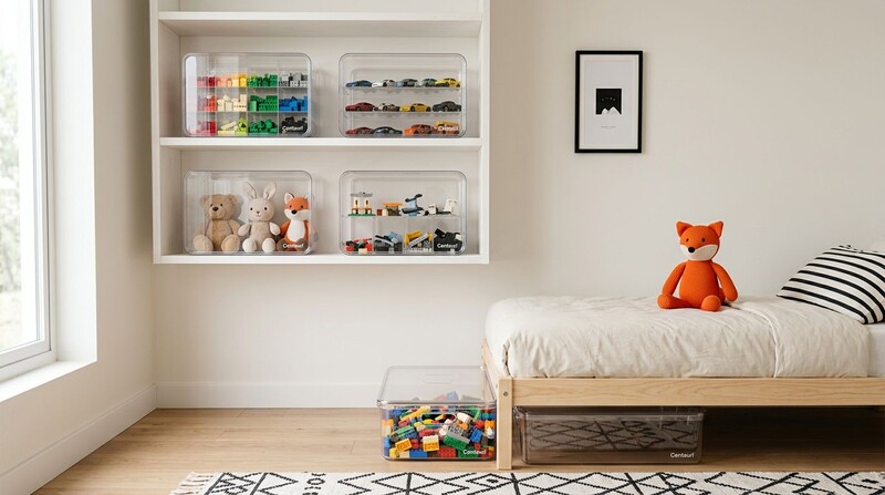 Quarto infantil com prateleira de brinquedos organizados