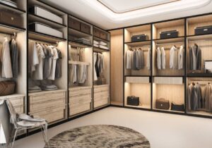 visão de closet de casal iluminado