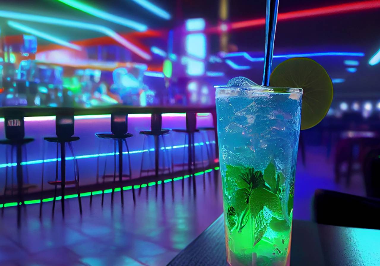 Imagens de um copo de drink em um sala de jogos