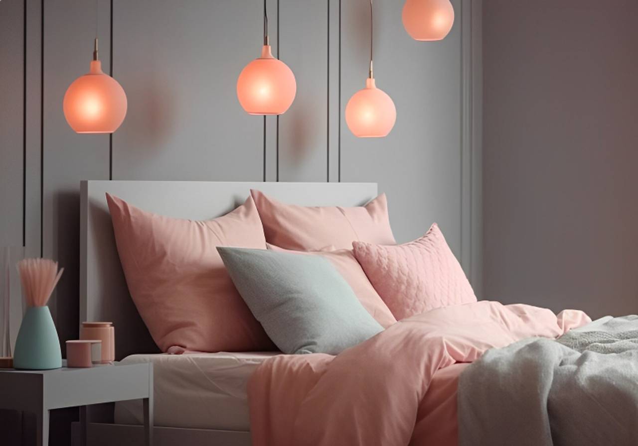 quarto moderno confortável com roupa de cama elegante rosa com decoração luminária rosa 