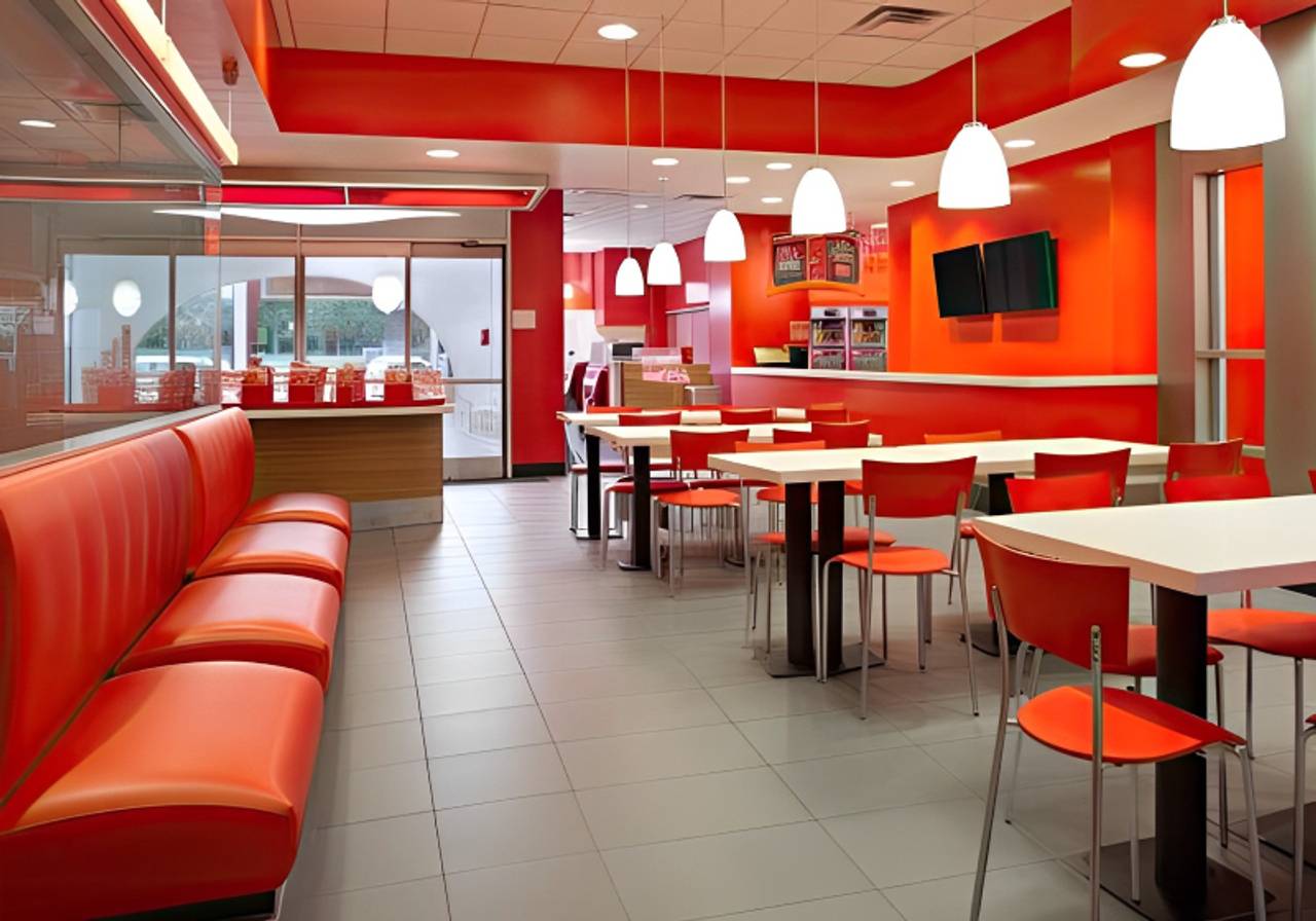 interior de restaurante moderno e elegante com decoração vermelha 