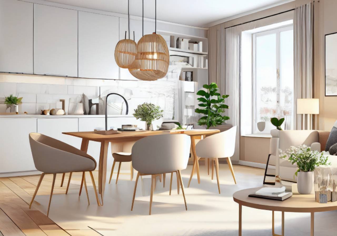 design de interiores de sala de jantar moderno paleta de cor branca 