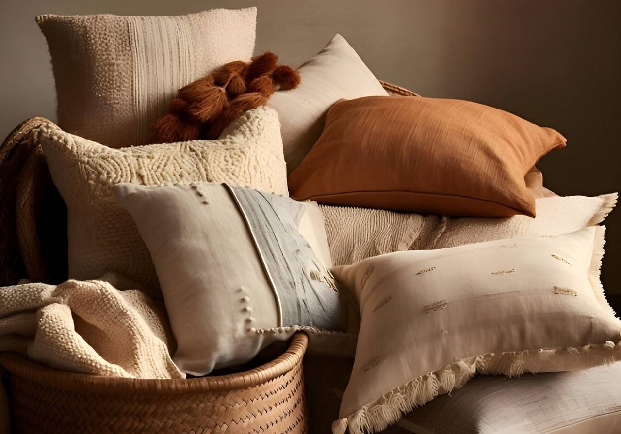 pilha de travesseiros e uma cesta com uma fronha marrom