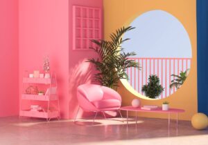 design de interiores de sala 3d colorida com plantas