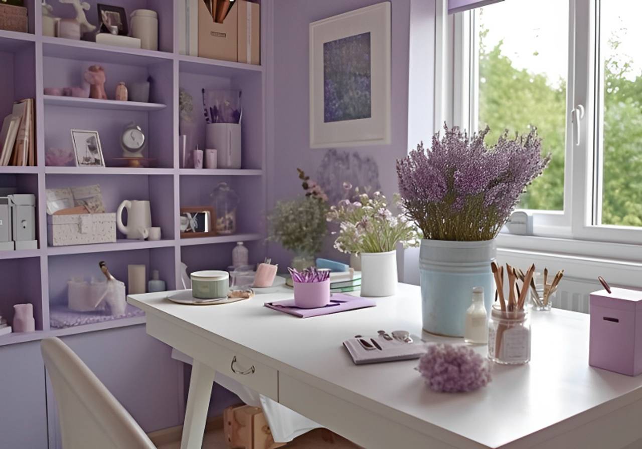 decoração de interiores de home office com detalhes em lilás 