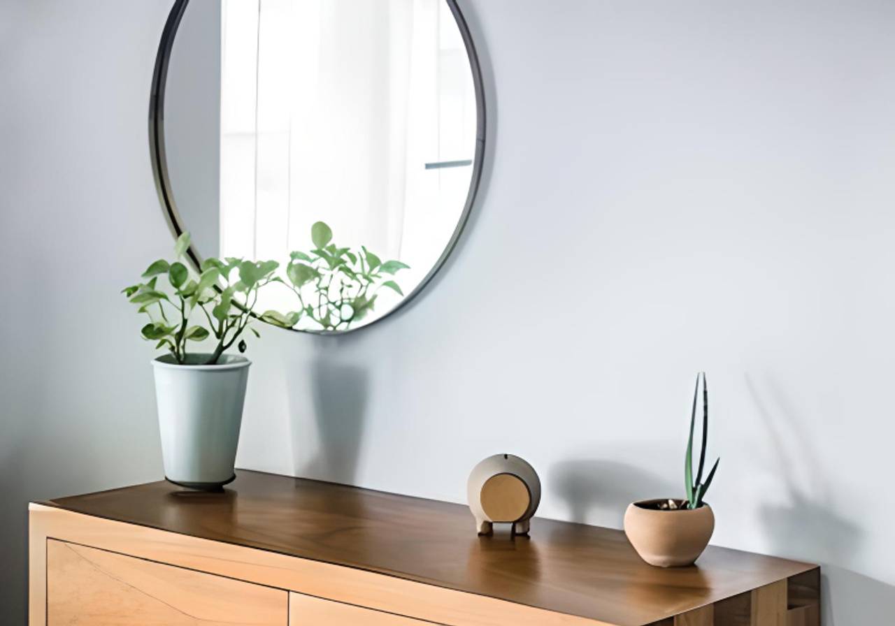 interior de hall de entrada com aparadore vaso de planta em cima e espelho