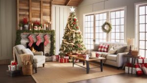 Sala montada com árvore de natal e outro enfeites de natal
