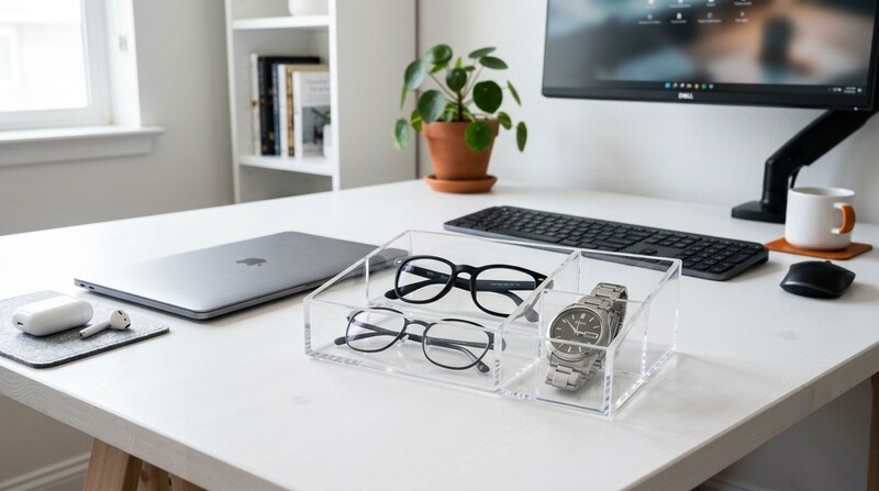 Mesa de escritório com óculos e relógio organizados