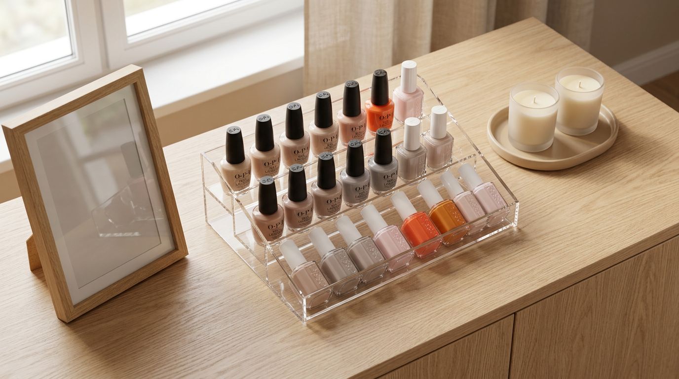 Organizador de esmaltes sobre mesa de madeira