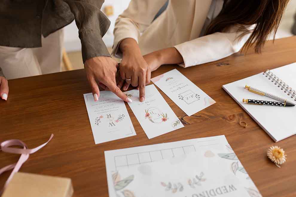 um casal planejando um chá de casa nova com lista de convidados, o que teria e o que não tera na  sala de estar 