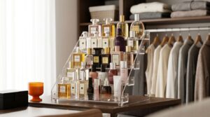 Exposição organizada de perfumes em estante elegante