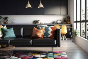 Sala com decoração em tom de preto e outro objetos coloridos