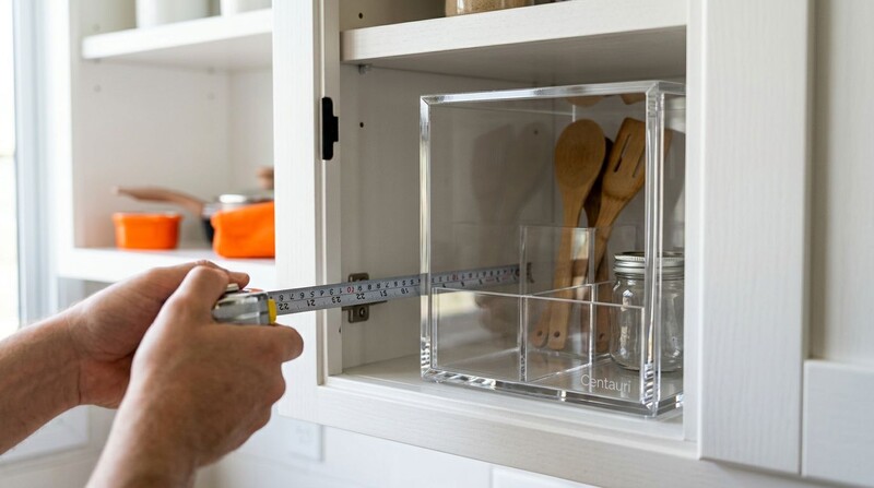 Pessoa medindo recipiente de cozinha em armário.