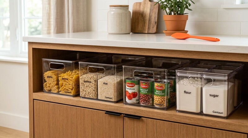 Organização de alimentos em recipientes transparentes