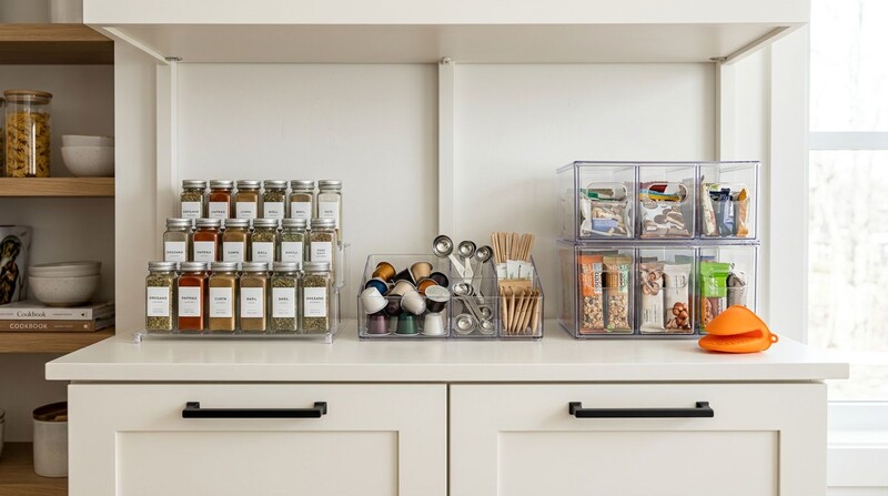 Organização de temperos e acessórios na cozinha