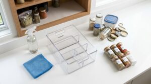 Organização de temperos e utensílios na cozinha.