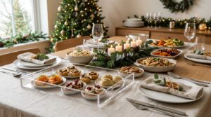 Mesa decorada para ceia de Natal com pratos variados