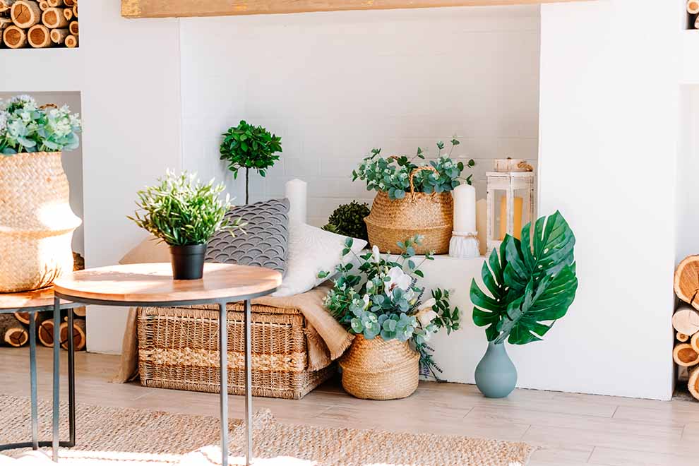 uma sala com decorações com plantas e elementos naturais