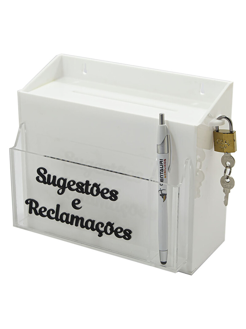 Caixa de sugestões e reclamações com caneta inclusa