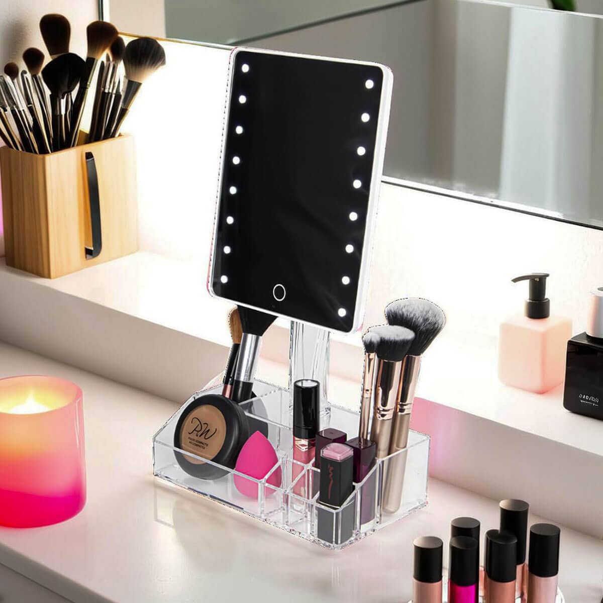 Organizador de maquiagem com espelho iluminado