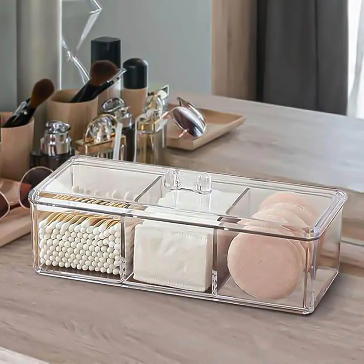 Organizador de toalhas e cotonetes em acrílico