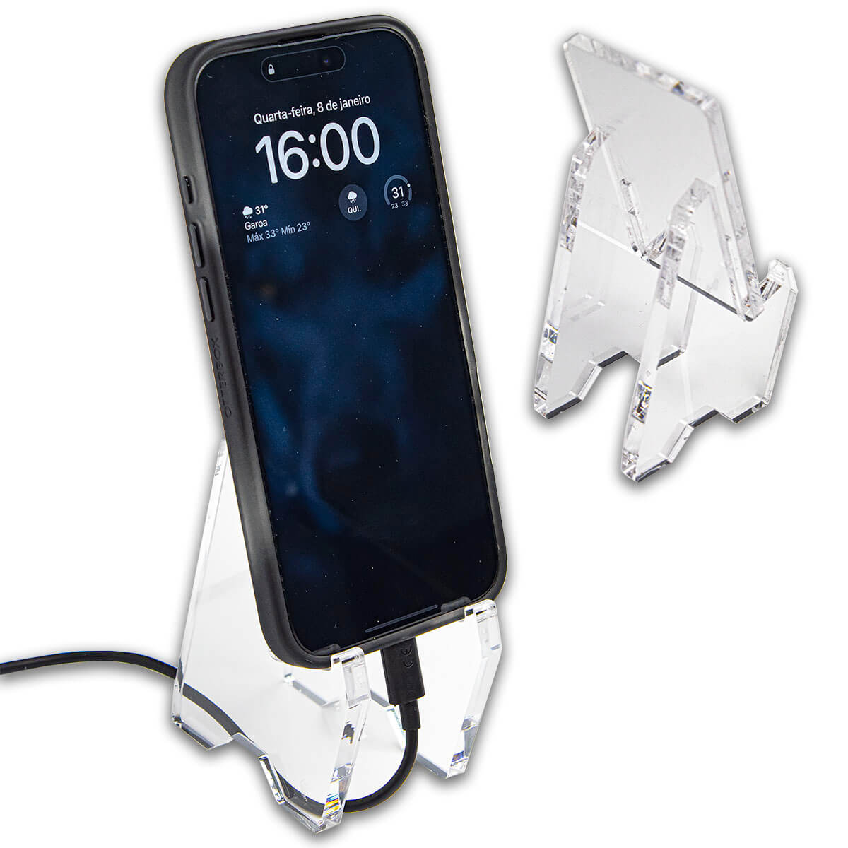 Suporte transparente para celular em acrílico