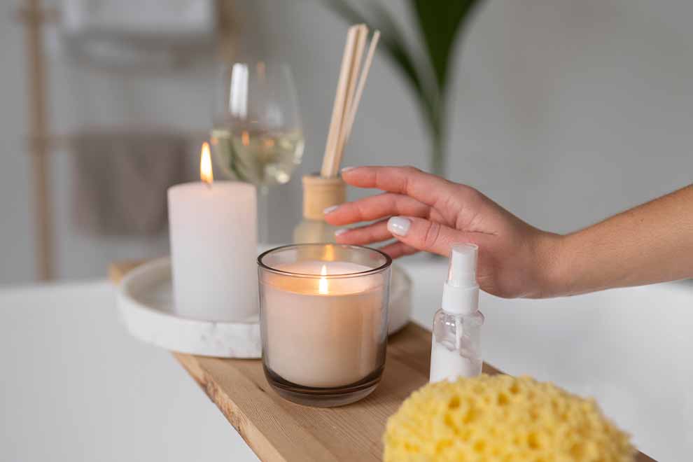 Mulher na banheira com velas aromaticas e difusor no banheiro 
