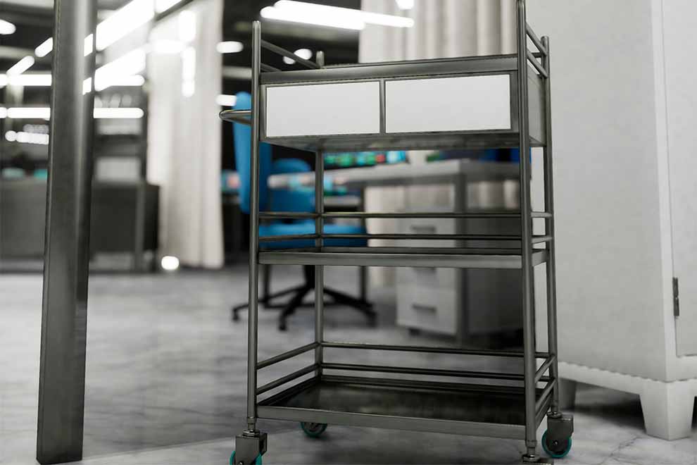 Carrinho de aço inox com gavetas em ambiente moderno