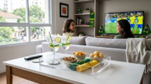 Amigas assistindo jogo com petiscos e drinks